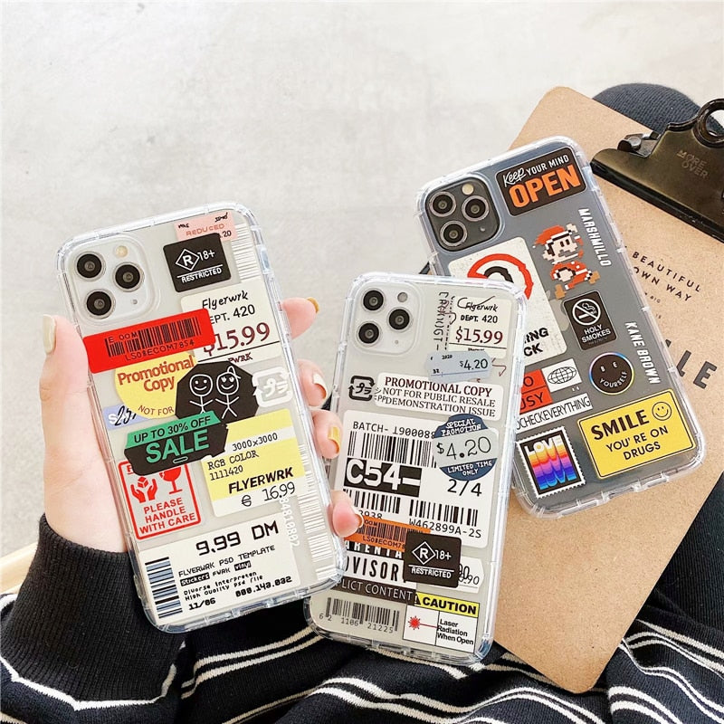 Fashion Retro Label Phone Cases For iPhone 11 12 Mini Pro XS Max X XR 7 8 Plus Luxur Soft TPU Airbag Cover 12Pro 11Pro 12Mini